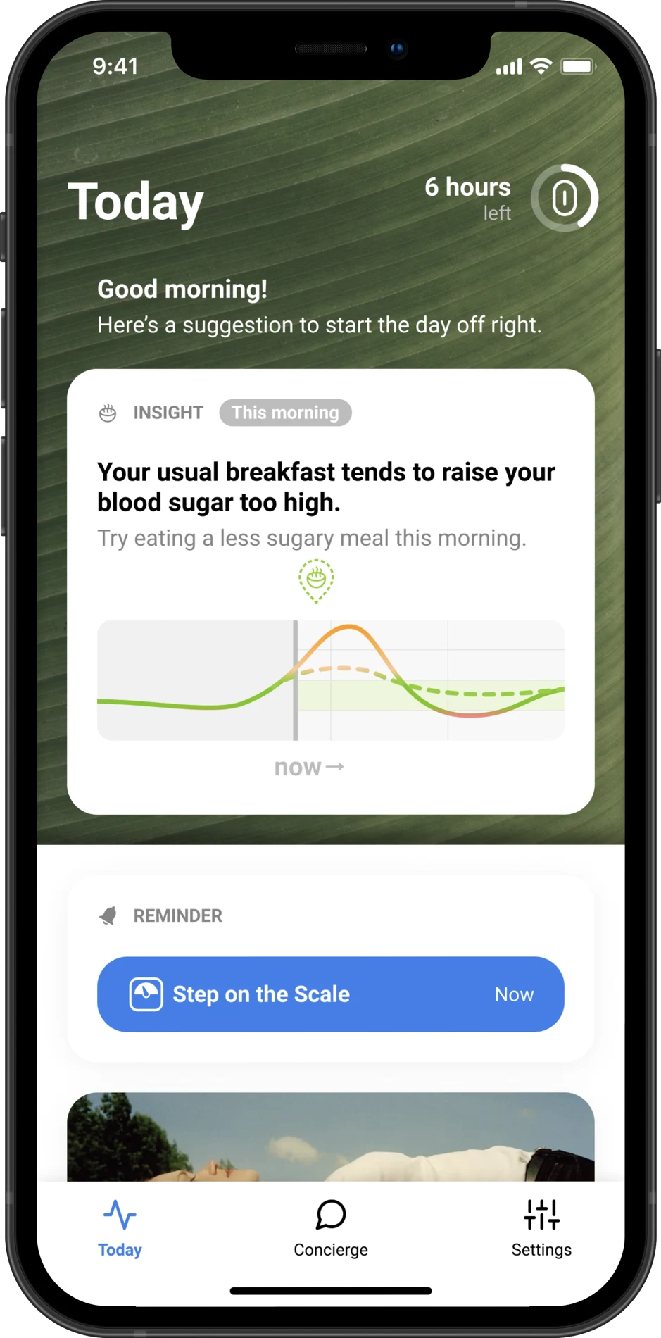 One Health app concept showing daily insights and a glucose pattern